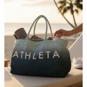 Athleta Blue Ombre Cotton Canvas Tote Bag Blue White Gym Shopping Dip Dye Large